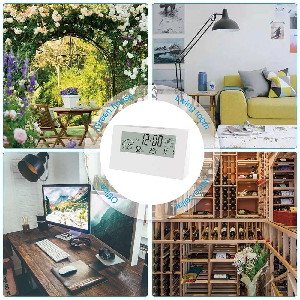 

Electric LCD Desk Alarm clock White with Calendar and Digital Temperature Humidity Modern home Office Watch Battery Operated