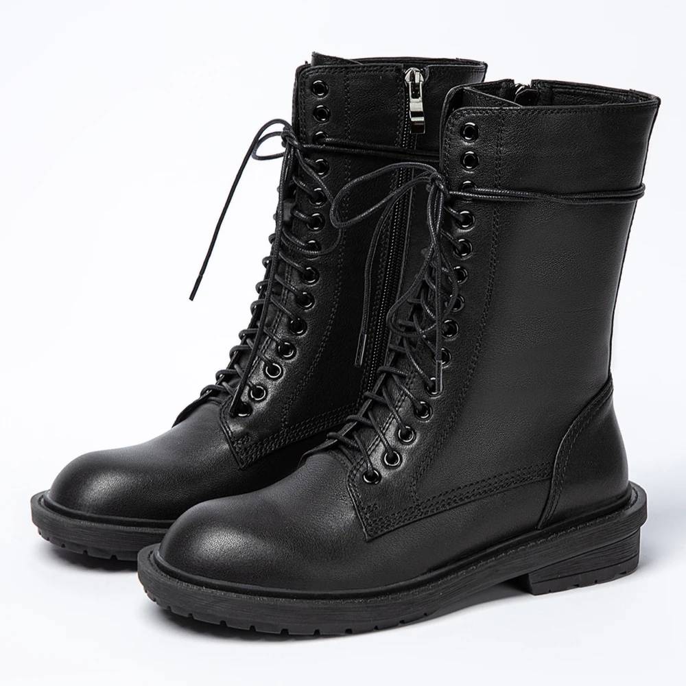 Beli Tendang Kulit Asli Sepatu Wanita Sepatu Tebal Sole Renda Musim Gugur Musim Dingin Pendek Semata Kaki Untuk Wanita Motor Boots Ukuran 42