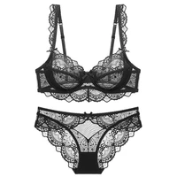 the new sexy embroidery transparent ultra thin adjustable flower lace bra set