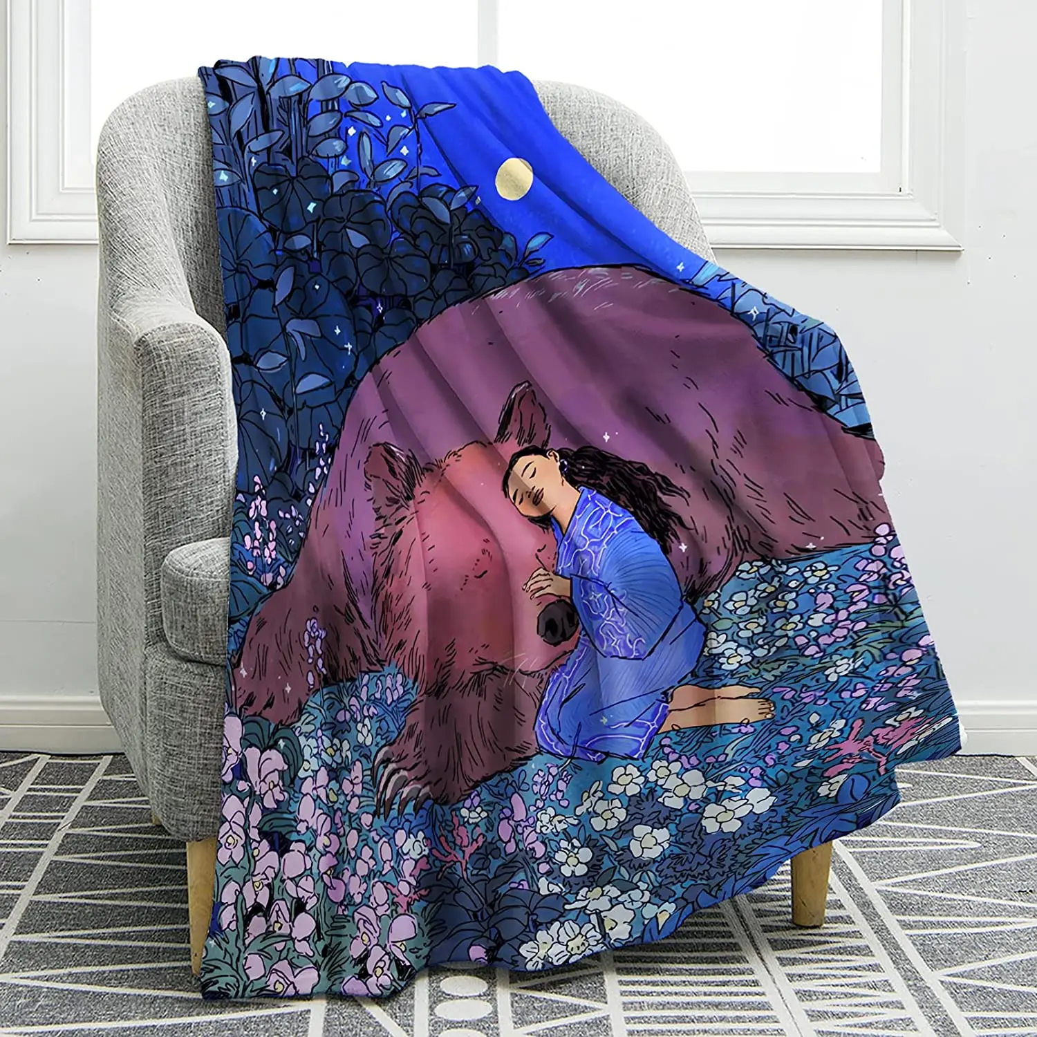 

Одеяло с изображением медведя и девочки, мягкое гладкое покрывало с принтом джунглей, цветов, для дивана, стула, кровати, офиса