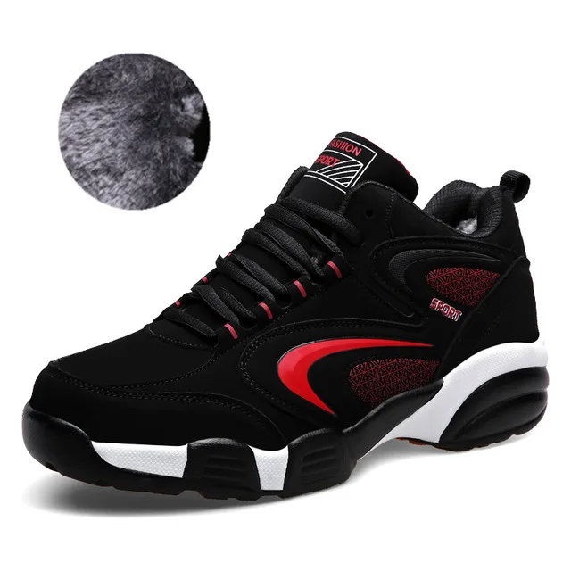 Plush Black Red Зимняя спортивная обувь для мужчин и женщин, теплые осенние кроссовки с хлопковой подкладкой, Мужская прогулочная спортивная обувь, большие размеры 36-48 - Цвет: Plush Black Red