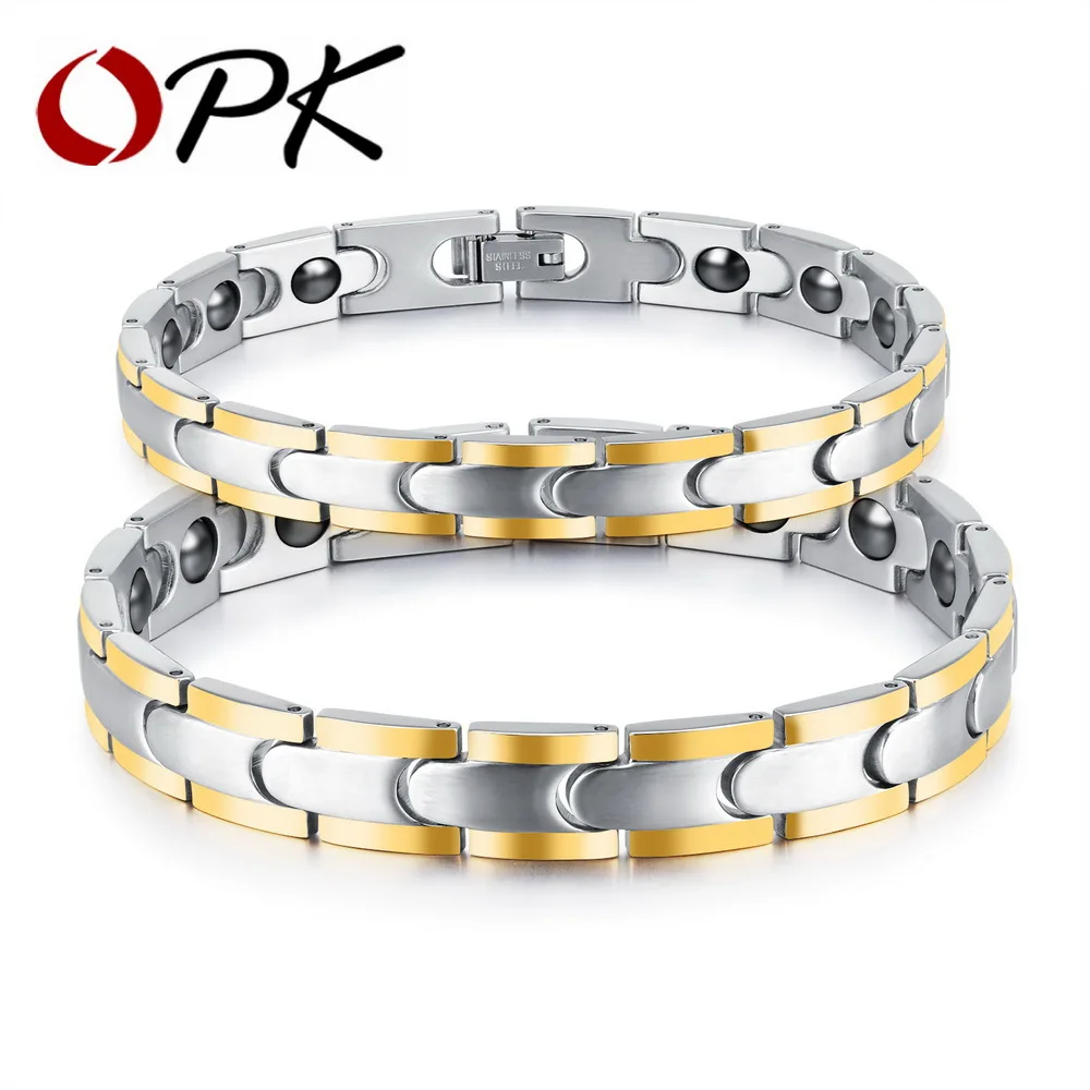 

OPK Fashion Healthy Magnetic Bracelet For Men Women Two Tone Gold Color Link Chain Stainless Steel Charm Punk Energy Gift GS876