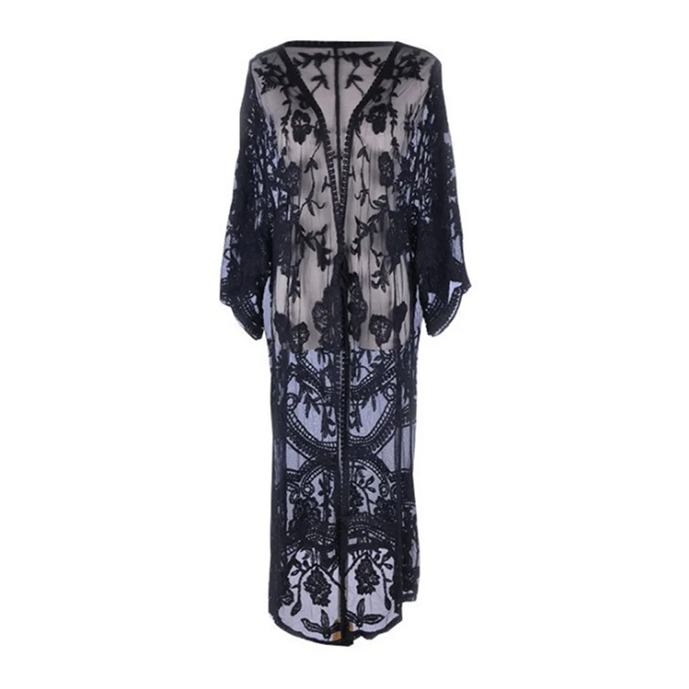 Пикантные кружевные туники прозрачная Пляжная накидка с вышивкой длинное кимоно