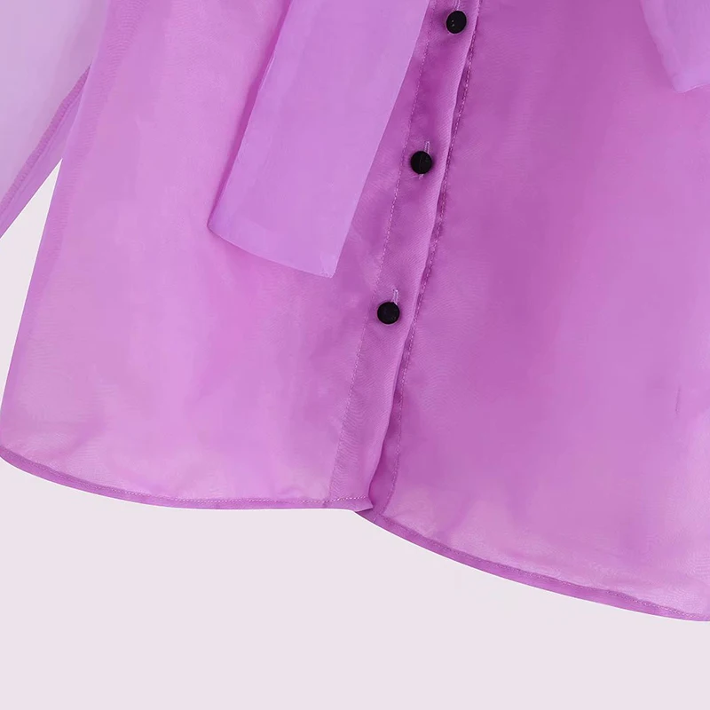 Женский шикарный однотонный фиолетовый бантик воротник блузка органза