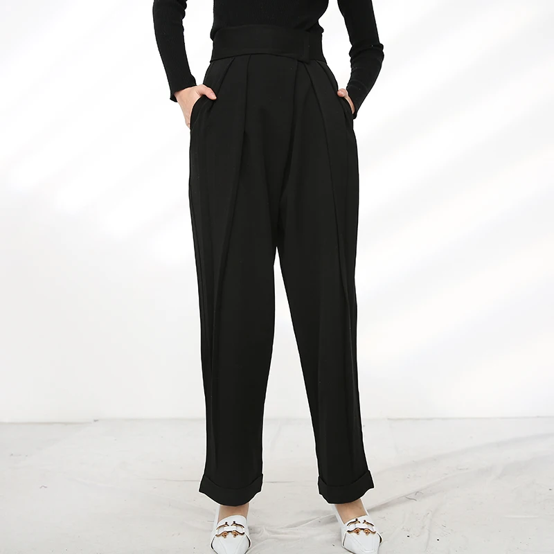 

Waist Black High Pleated Spliced Long Wide Leg Trousers New Loose Fit Pants Women Fashion Tide Spring Autumn 2021 1DA44301