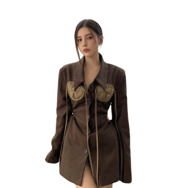 

2021 women's Vintage drawstring hollowed out suit coat