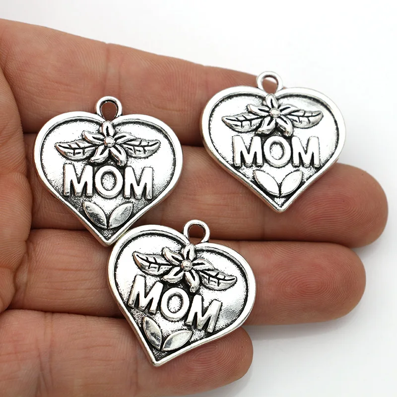 

10PCS Antique Silver Plated Mom Heart Charms Pendants for Jewelry Making DIY Handmade Accessories