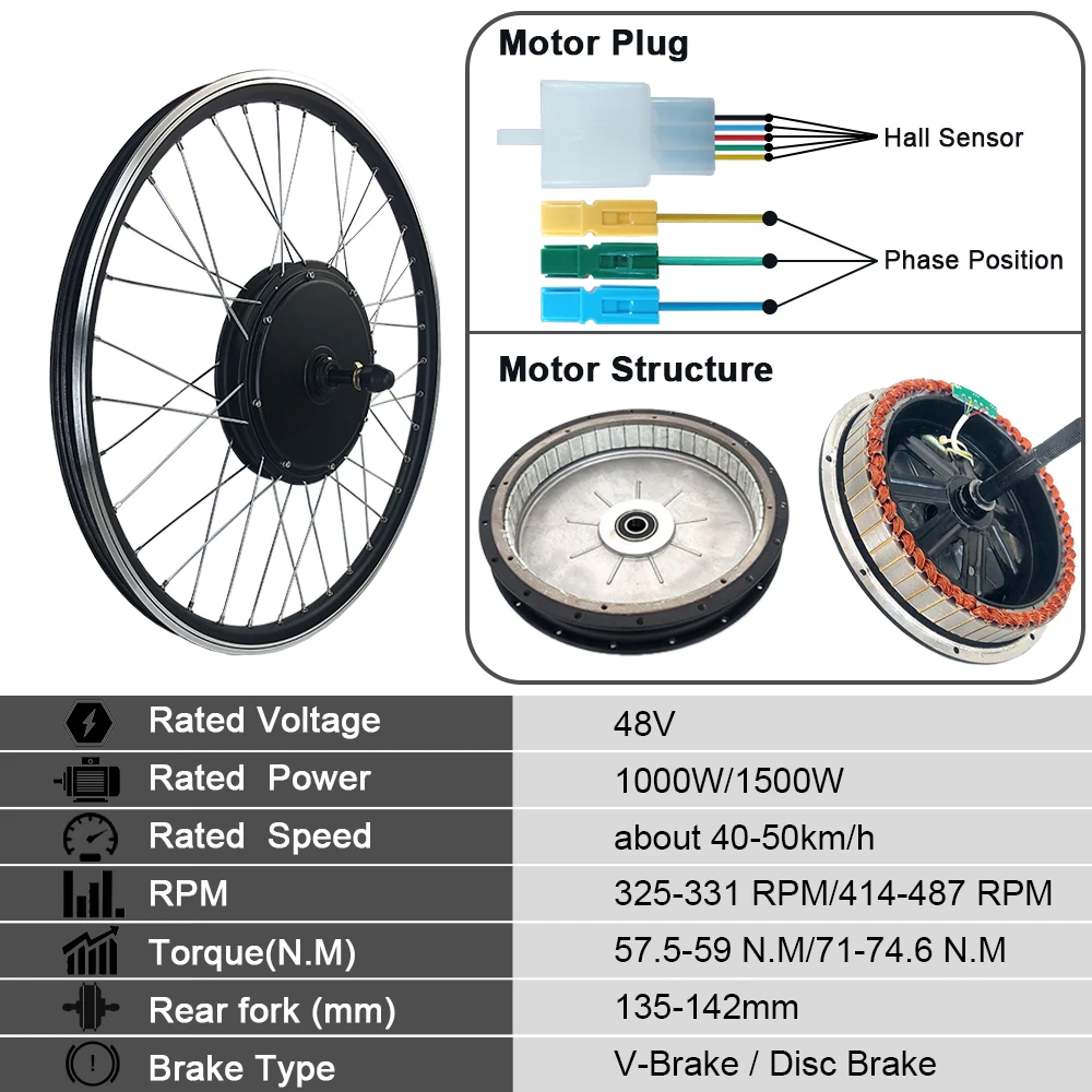 Когда нибудь 48V 1000W/1500W Ebike конверсионный Комплект Задний BLDC ступица моторное