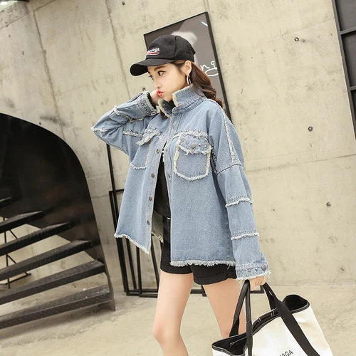 Женская джинсовая куртка однобортная Свободная из денима с длинным рукавом и