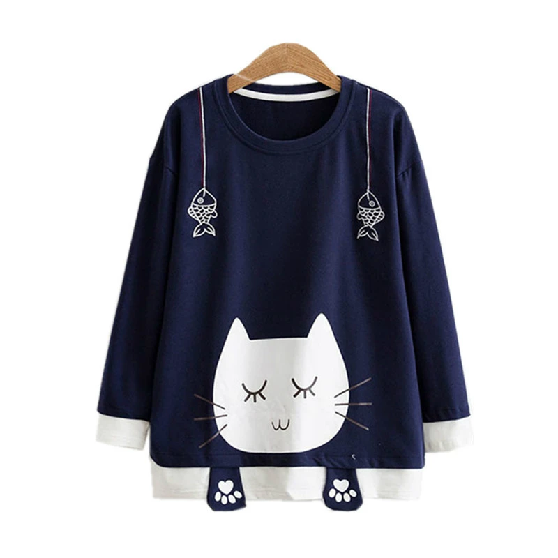 

XUANHAO Autumn Long Sleeve T Shirt Women Sweet Cat Printed Kawaii Cotton T-shirts for Girls Fish Embroidery Funny Tee Tops