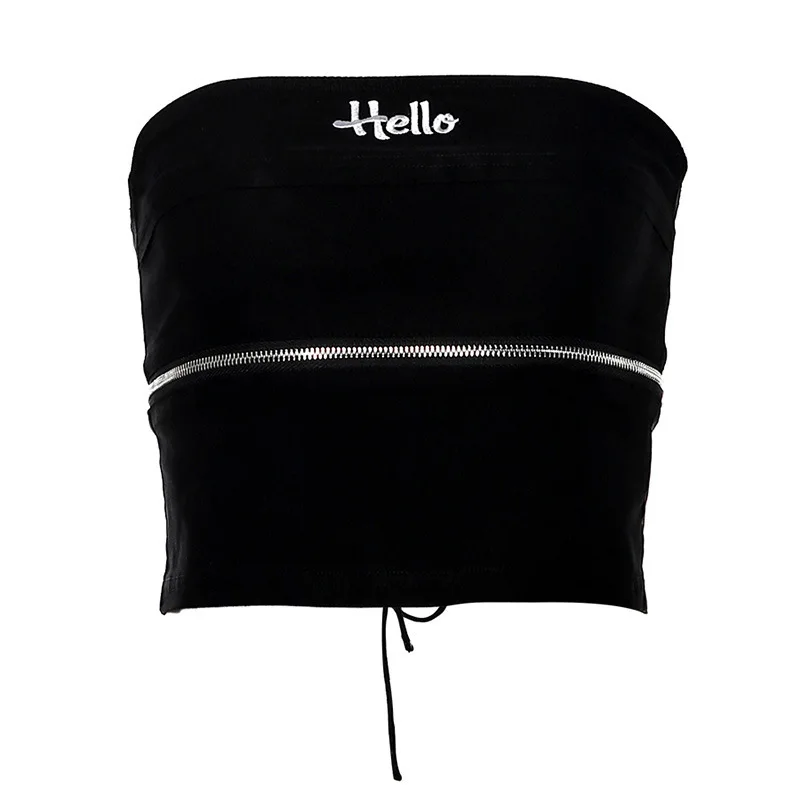 

Yitimuceng Crop Top Women Tube Tops Strapless Top Sexy Streetwear Summer Fake Zippers Tank Top Embroidery Fashion Black Bustier