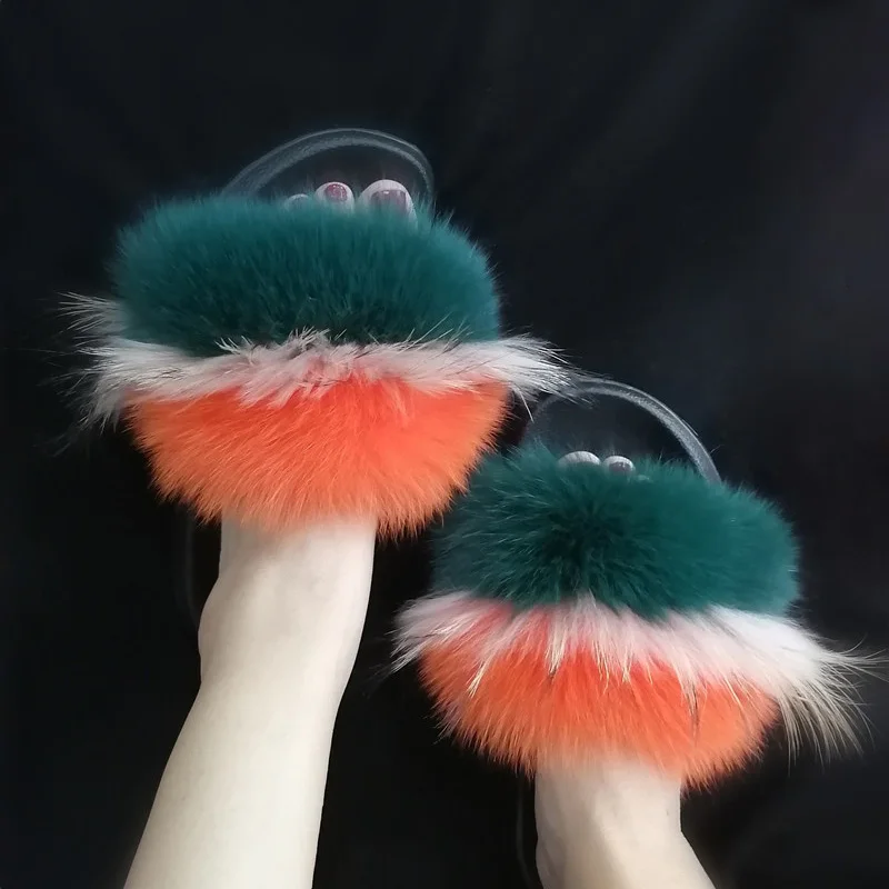 Women Fox Fur Slippers Real Fox Fur Slides Lovely Plush Slippers Woman Summer Home Sandals Women Fur Slides Furry Flip Flops Hot