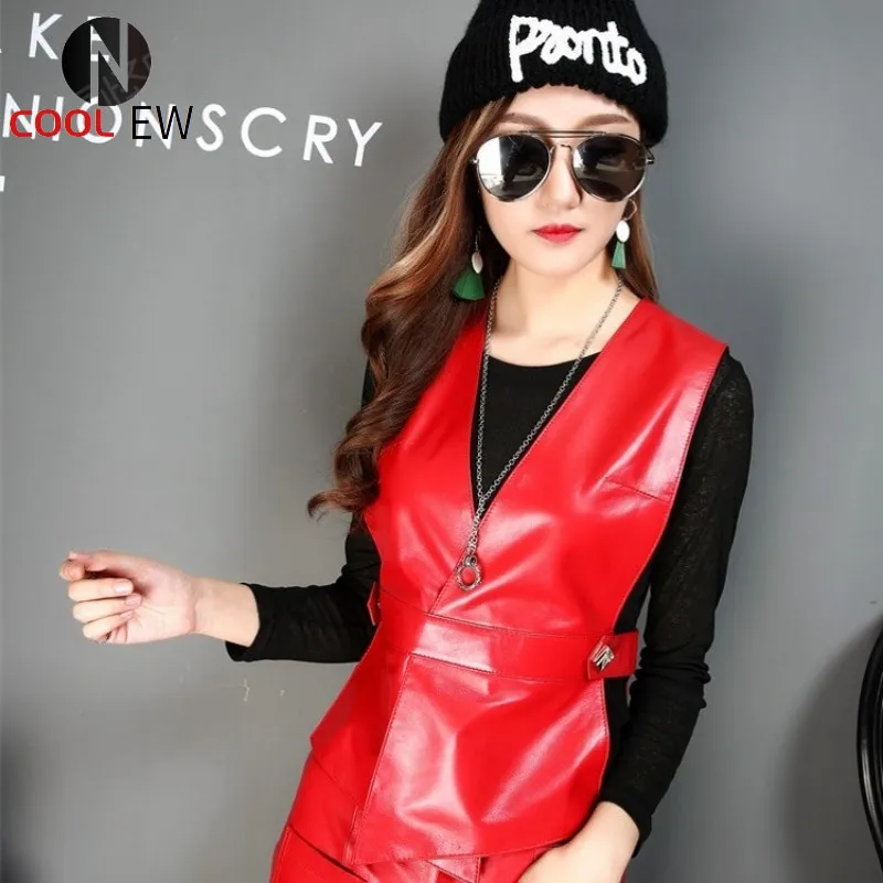 

Fashion Women Slim Fit V Neck Sheepskin Real Leather Vest Casual Sleeveless Jacket Outwear Waistcoat Grey Red 3XL Gilet Femme