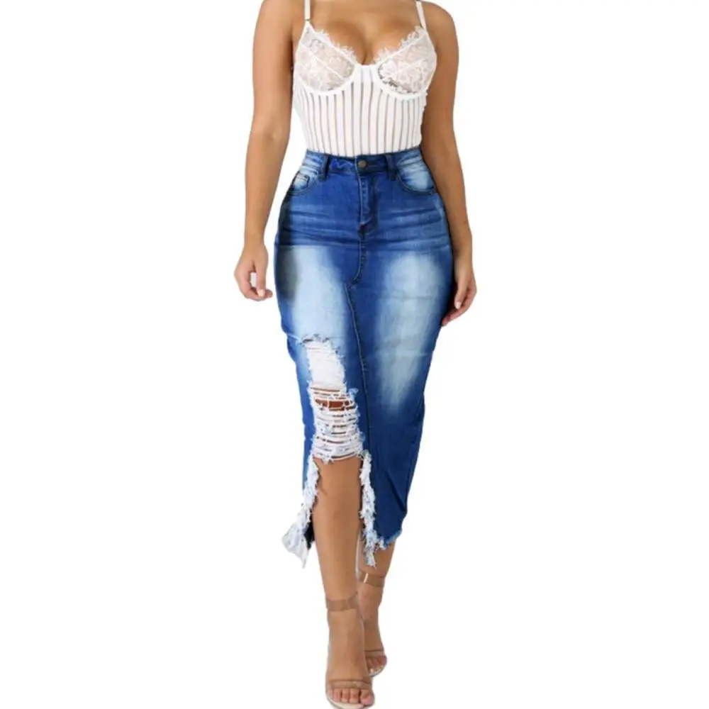 

Hot Sale Summer Women Fashion High Waist Ripped Split Denim Distressed Jeans Bodycon Long Skirt