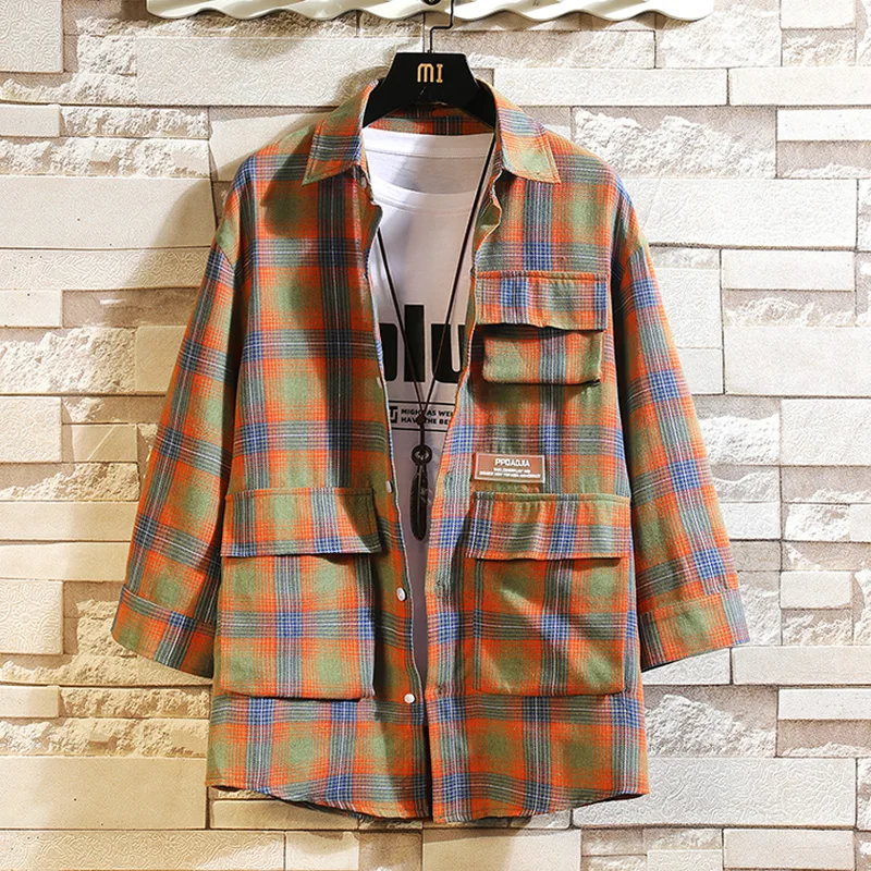 

Brand New 2021 Summer Short Sleeves Hawaii Collar Korea Style Plaid Cargo Shirt For Men's Harajuku Clothing