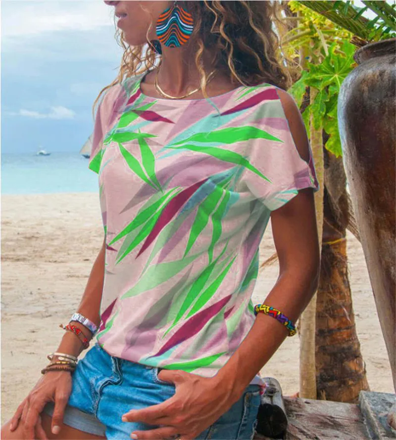 

Summer women's stripe leaf off shoulder cotton short sleeve casual T-shirt for women