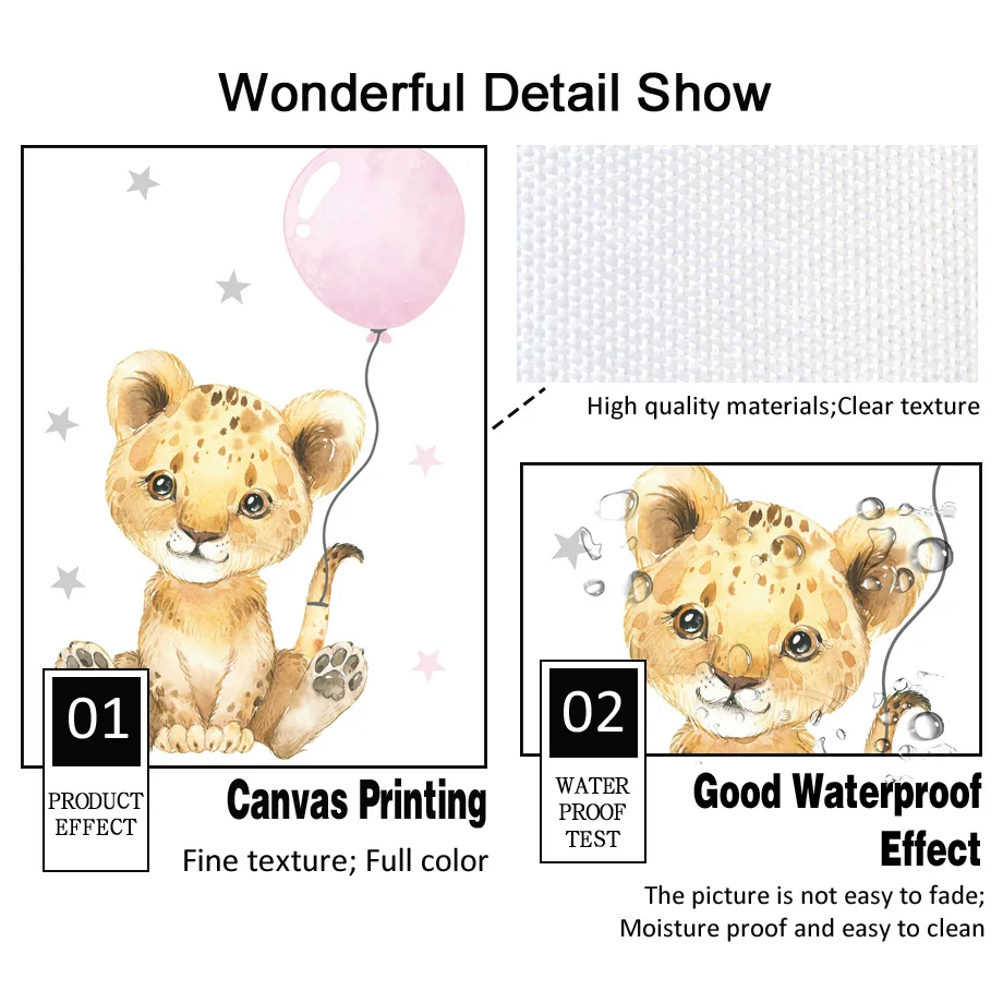 Детская живопись на холсте "Малыш зебра, слон, лев, олень, коала, воздушный шар, облако, бохо"