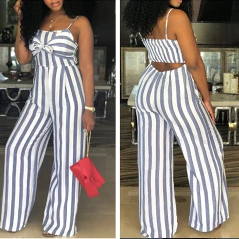 

2020 Europe and America Best Selling Commute Striped Sling Bandeau Bandage Wide Leg Jumpsuit