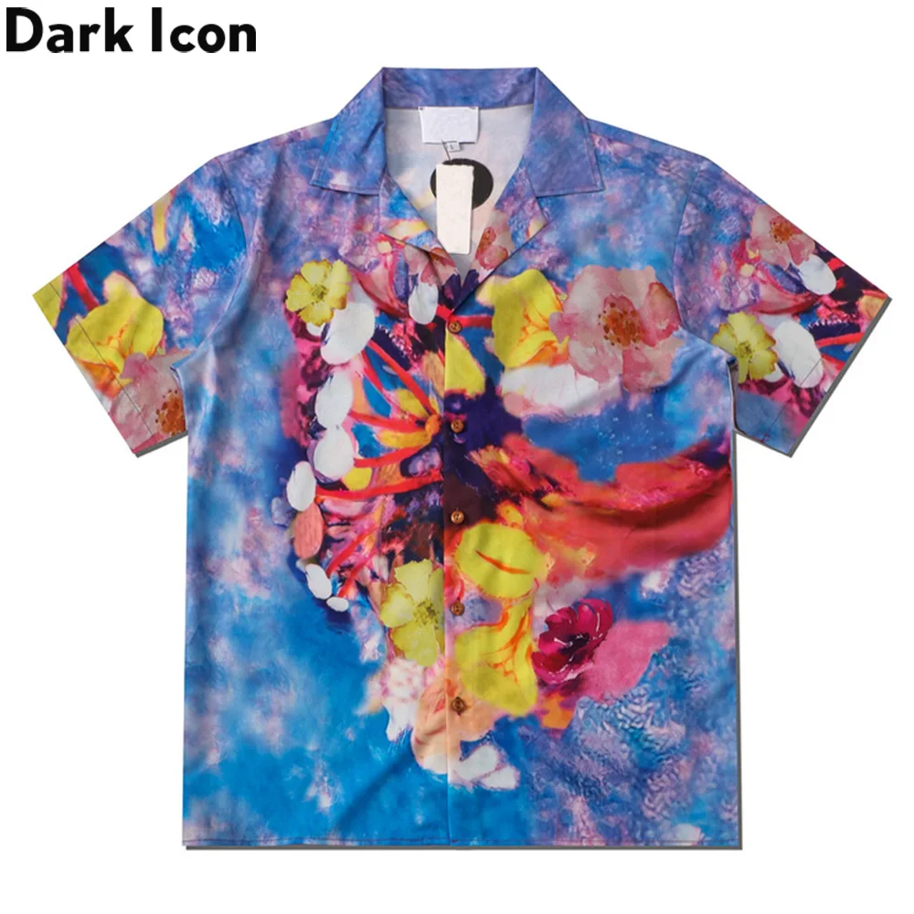 

Dark Icon Hand Painting Floral Hawaiian Shirt Men Women Turn-down Collar Vintage Street Men's Shirts Short Sleeve Polo Shirt