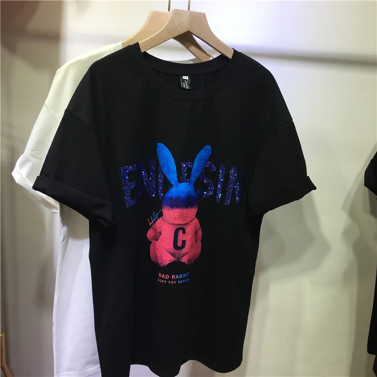 

Футболка со стразами для женщин, с коротким рукавом, милые брюки для малышей с рисунками зайчика, все-матч топ натуральный Свободный Повседн...