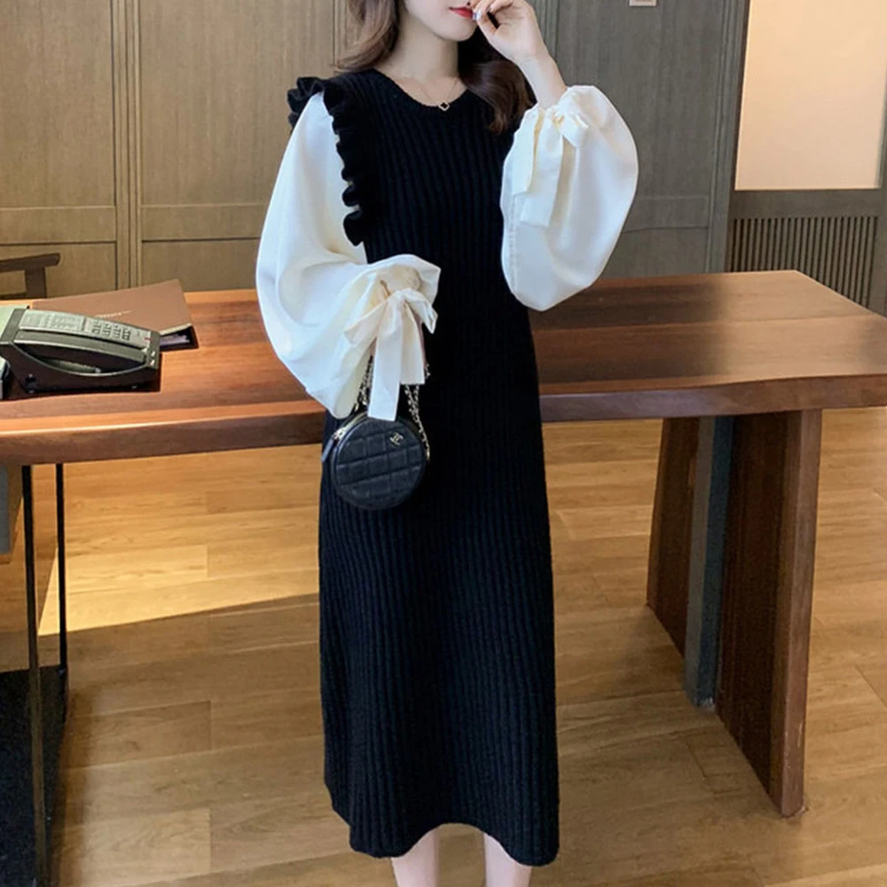 Женское платье с пышными рукавами весеннее трикотажное из двух частей в стиле