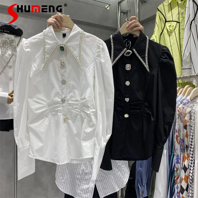 

Изысканная белая рубашка Стразы, Женская однобортная блузка с длинным рукавом, новинка 2022 года, осенне-зимняя свободная универсальная блуз...