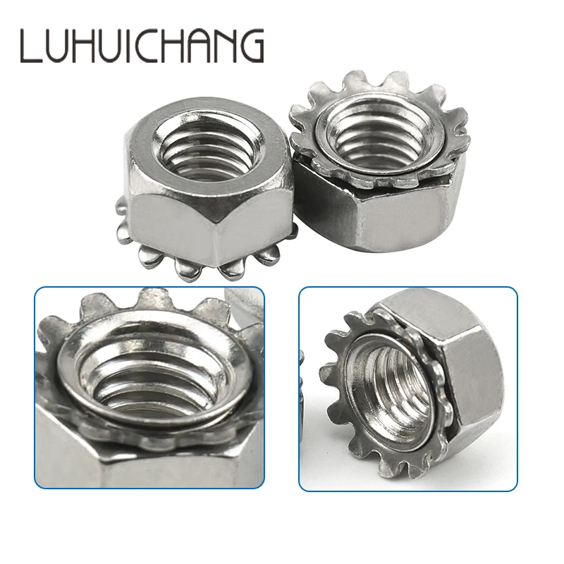 

LUHUICHANG [M3 M4 M5 M6 M8] K-образная K-Контргайка, никелированные гайки КЕПС, зубчатая Шестигранная гайка