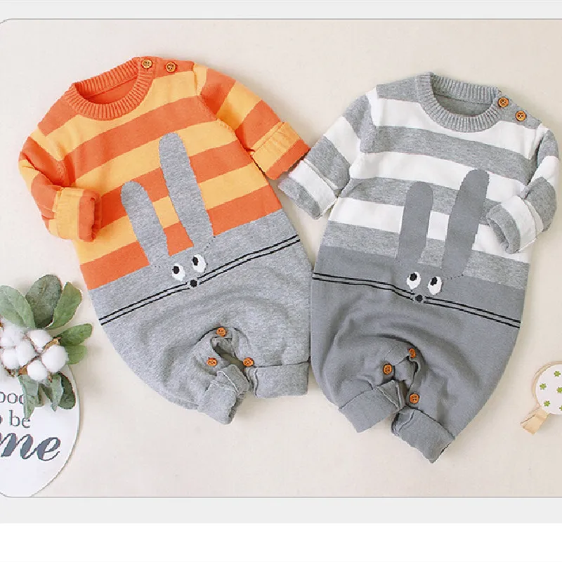 Вязаный детский комбинезон с кроликом для новорожденных осенне-зимняя одежда