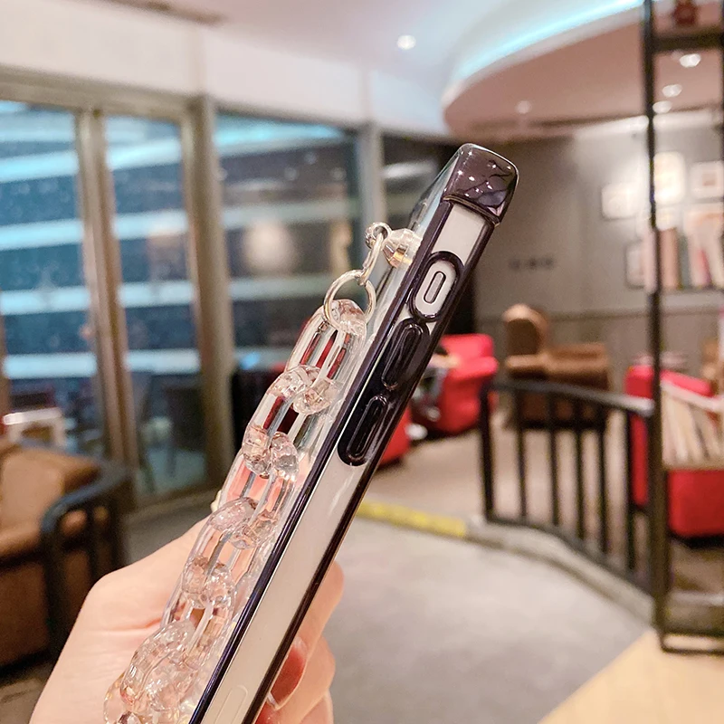 

Transparent Acrylic Chain Phone Case For iPhone 12 11 Pro Max XR XS Max X 7 8 Plus 12 Plating Bumper Back Cover