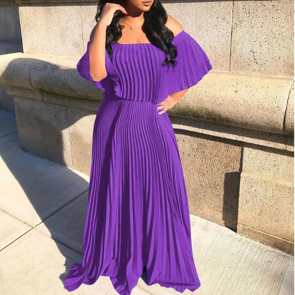 Плиссированное длинное платье с открытыми плечами женское вечернее однотонные