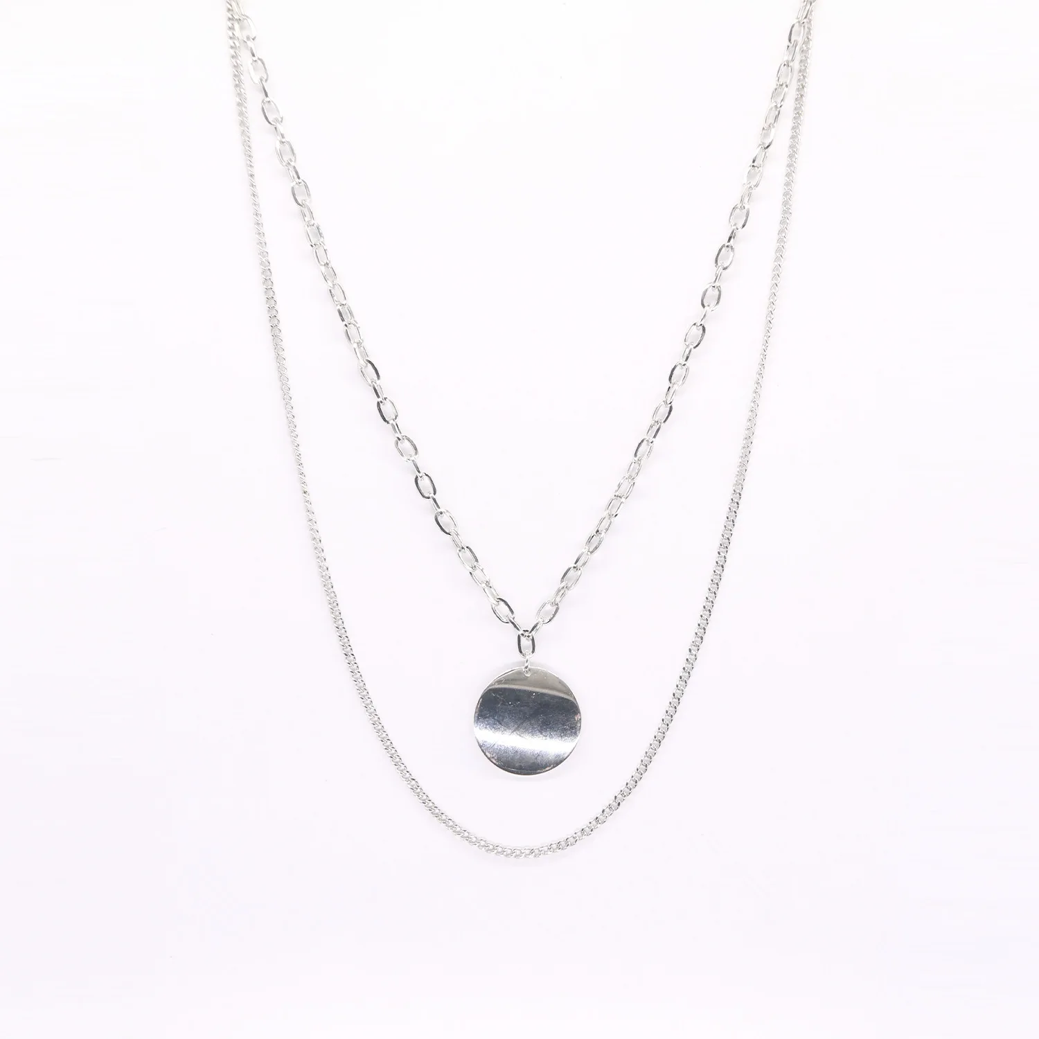 

Fashion Hip hop Silver Color Double Layer Simple Clavicle Chain Chokers Chic Round Sequin Pendant Necklaces For Women Jewelry