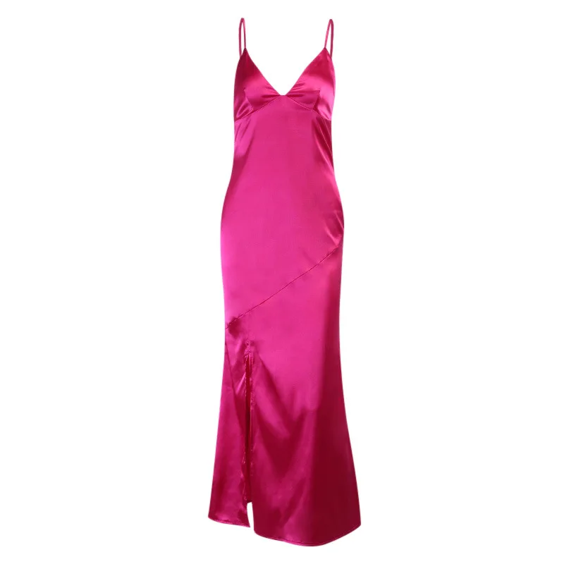 

2021 Summer Ladies Sexy Sling Suspenders Dress Solid Color Buttons Irregular Design Hem slit Open Back Beach Dress Women Dress