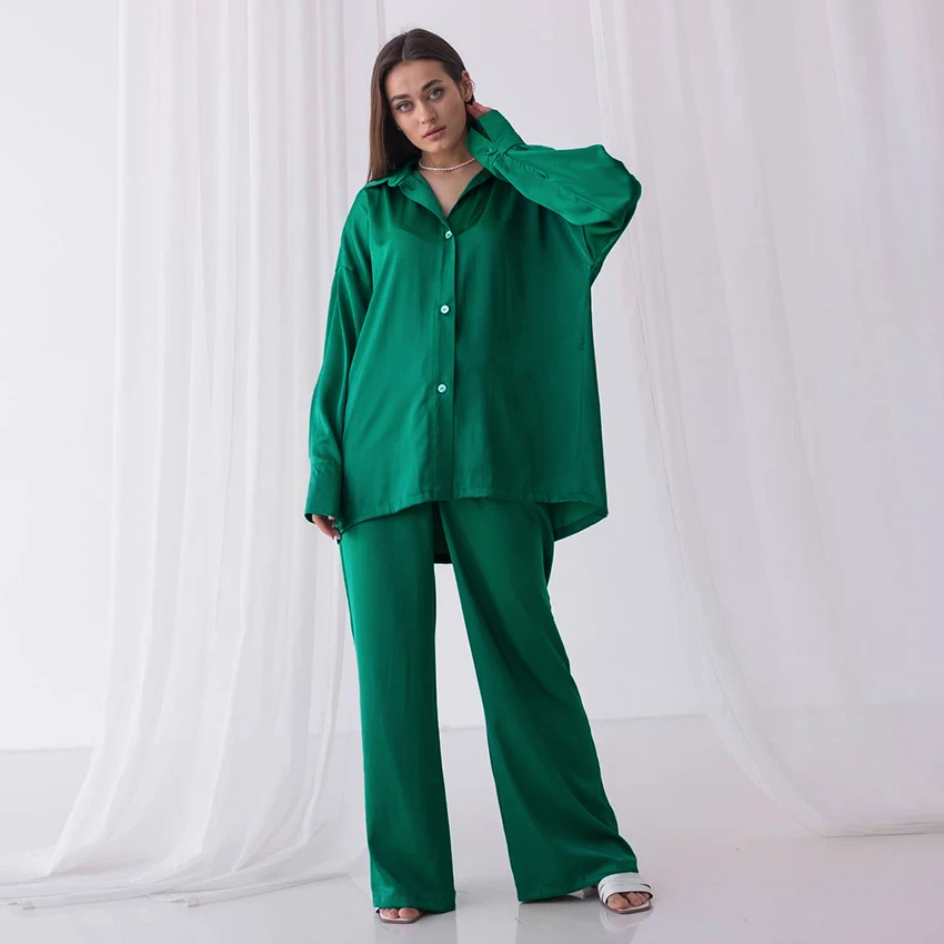 

Hiloc Drop Sleeves Trouser Suits Turn Down Collar Women Pajama Set Woman 2 Pieces Loose Nightwear Sets Womens Outfits Loungewear