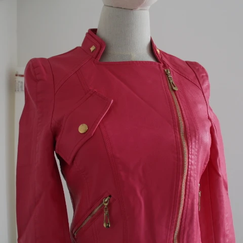 Womens Pu Leather Motorcycle Biker Jacket Casual Pink Black Coat Leather Women Oblique Zipper Short Outerwear Hip Hop Clothing