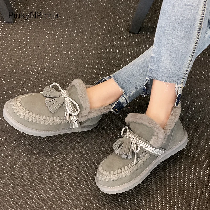 Женские милые теплые зимние шерстяные ботинки на плоской подошве из коровьей