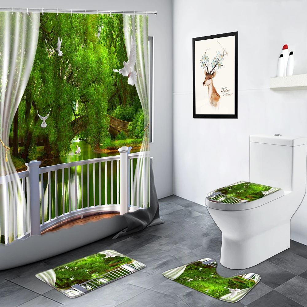 

Arch Bridge Birds Green Plants Trees Spring Scenery Shower Curtain River Swan Bathroom Decor Anti-slip Rug Toilet Bath Mats Sets