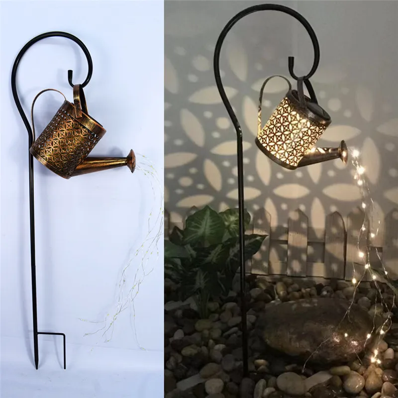 

Gardening Decor Outdoor Solar Watering Can Ornament Lamp Garden Art Light Decor Hollow Iron Shower LED String Lights