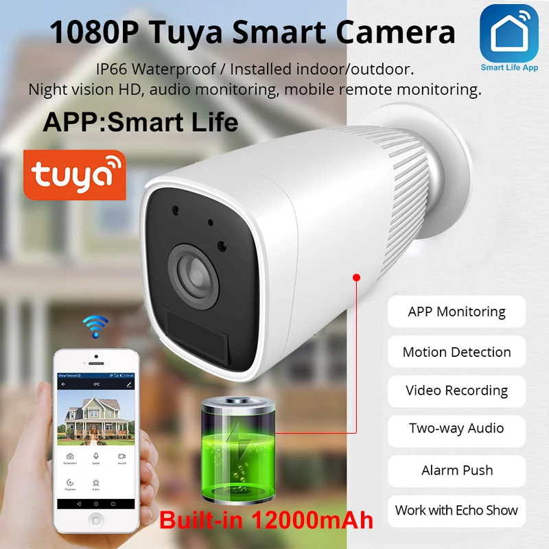 

IP-камера Tuya 1080P с Wi-Fi и встроенным аккумулятором, 12000 мАч, IP66