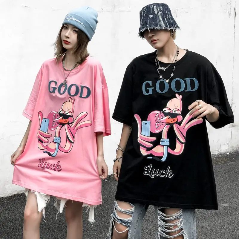 

Cute Cartoon Sweet Girls Japanese Streetwear Harajuku Funny Duck Pink Print Kawaii Casual Tops Loose Summer Women T-Shirt