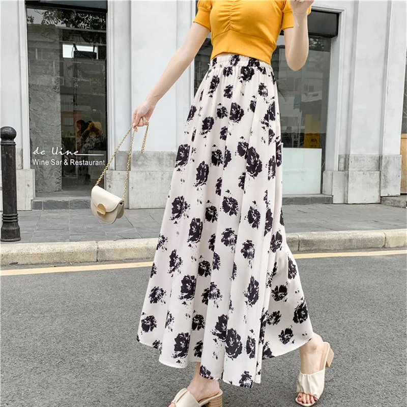 

Limiguyue Fashion Summer Beach Print Skirt White Flower High Waist Sweet Floral Skirt Women Elegant Art Style Long Faldas K1272