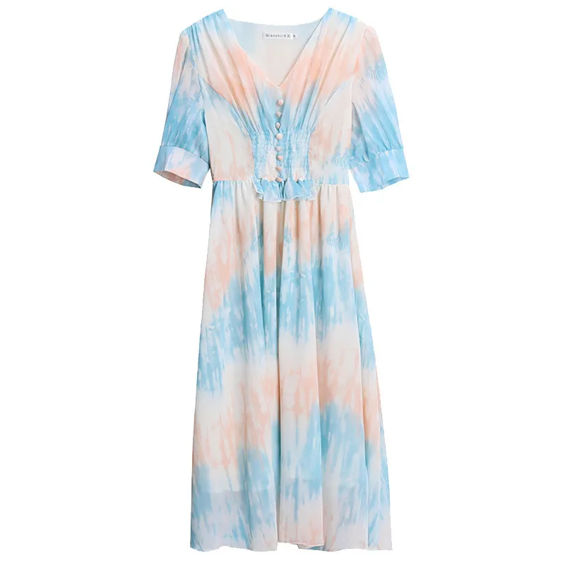 

Summer dress women gradient blue pink M-4XL plus size 2020 new fashion v neck slim short sleeve chiffon dresses feminina JD842