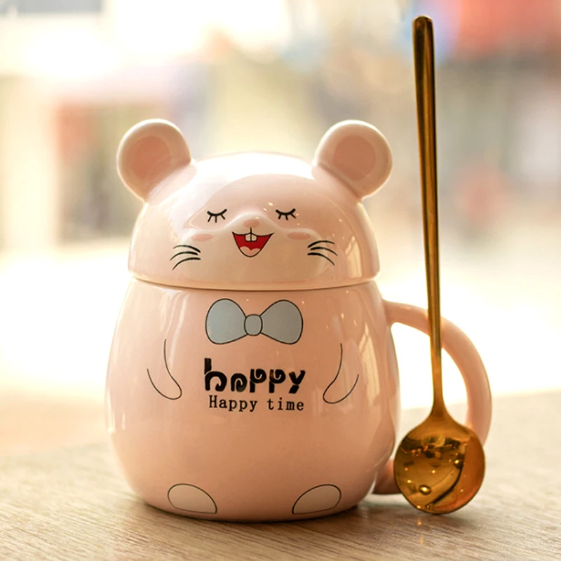 

Creative Cartoon Pink Solid Color Ceramic Mug Water Cup Household Simple Coffee Cup Ceramic Spoon Cup With Lid Insulation Cup
