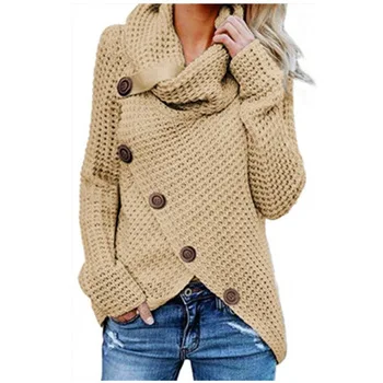 Свитер с длинными рукавами пятью пуговицами высокий суконный пуловер однотонные