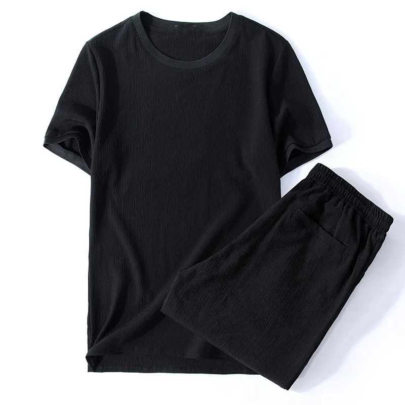 

Summer wrinkle Linen men o-neck t shirt sets Chinese style fat guy plus size men's Casual short-sleeve T-shirt 2 pcs 9XL M-8XL