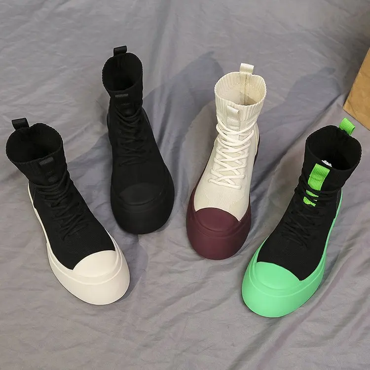 

2021 New Mujer Sport Vulcanized Shoes Fashion Mid Heels Designer Platform Stretch Boots Knitting Winter Lace-up Ankle Boots Lady