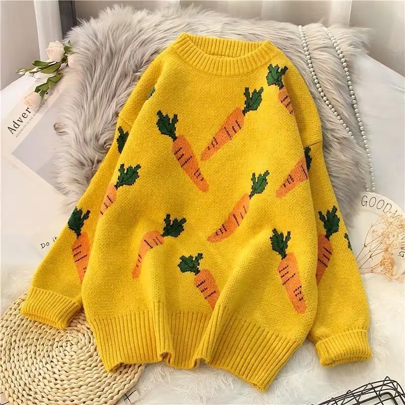 

2021 New Autumn winter women Carrot printed sweaters warm pullover long sleeve loose Vintage Sweater Lady sweaters Harajuku