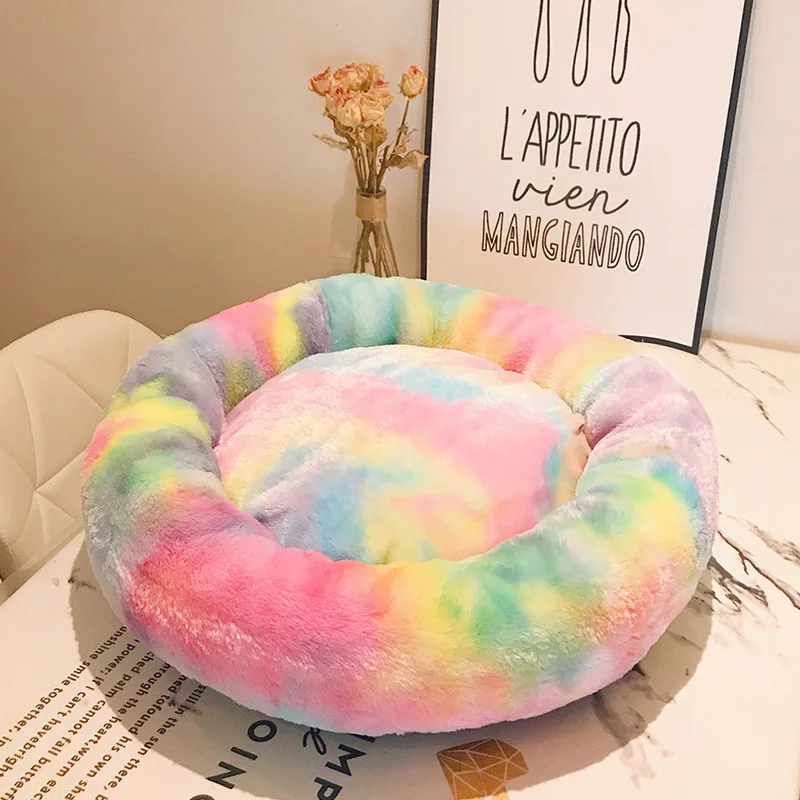 Красочные круглые плюшевые Кошка Кровать Дом с рисунком собачки и котика коврик