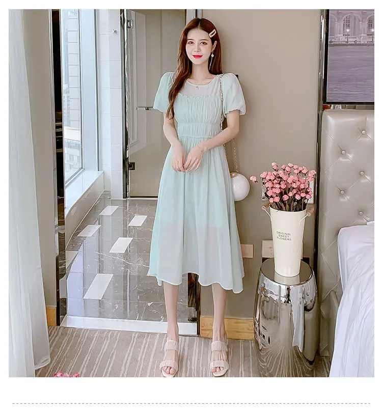 

Lantern sleeve chiffon dress 2021 summer ladies new French temperament western style short sleeve round neck dress women
