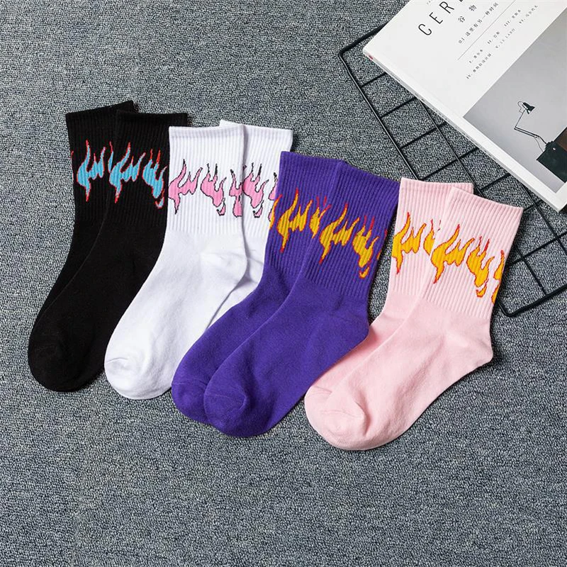 New Fashion Flame Men and Women purple Socks Cotton Fire Harajuku HipHop Skateboard College Style Funny Happy Girls Socks
