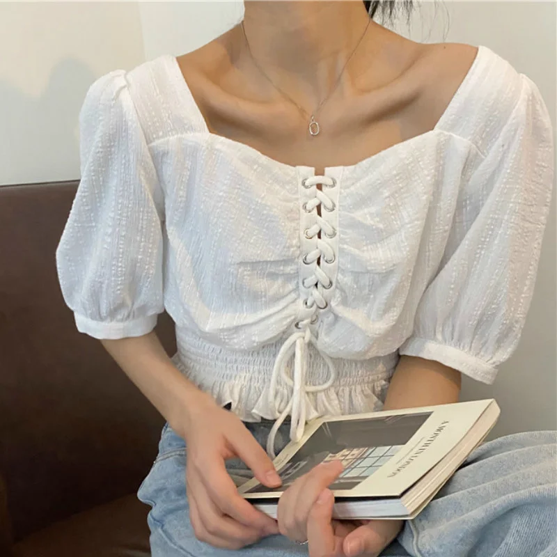 

Shirts Women White Summer-top Trendy Hot Sale Lace Up Plus Size 2XL Harajuku n Style Ruffles Short Sleeve Solid Student